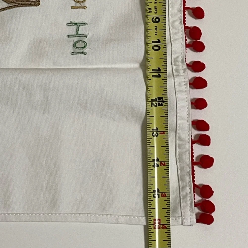 White Holiday Guest Towel Embroidered Reindeer HO HO HO Red Pom Pom Trim